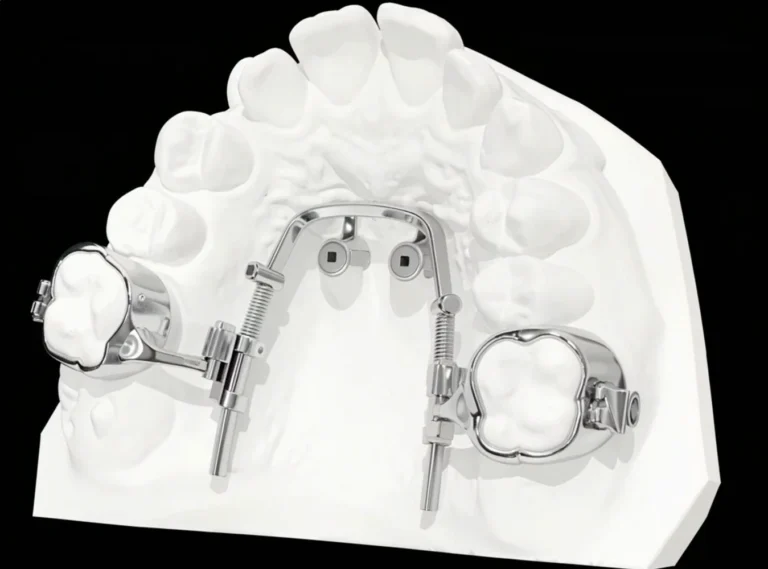 Mini-screws in Orthodontics: Upper jaw model with a skeletally anchored slider appliance in Munich-Schwabing