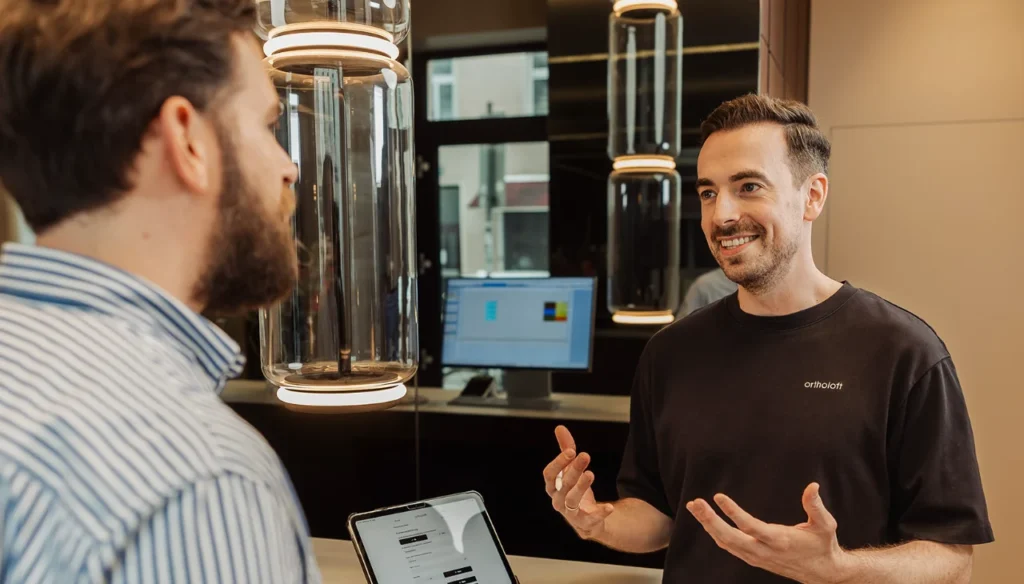 Dr. Dominik Pfeil in a consultation with a patient, taking a digital medical history on an iPad